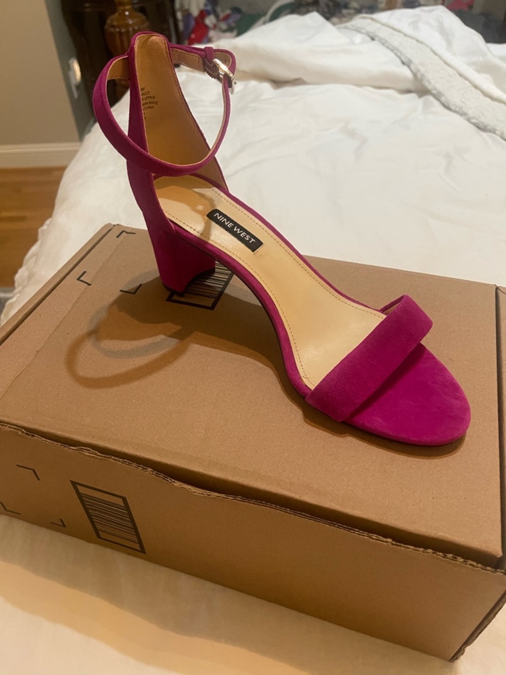 Nine west fuschia leather suede block heel toe ankle strap sandals new sz 10 m